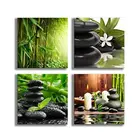 4 панели бамбуковые зеленые картины со свечами из камня дзен, цветочный принт на холсте, настенное искусство для домашнего декора, для ванной, гостиной