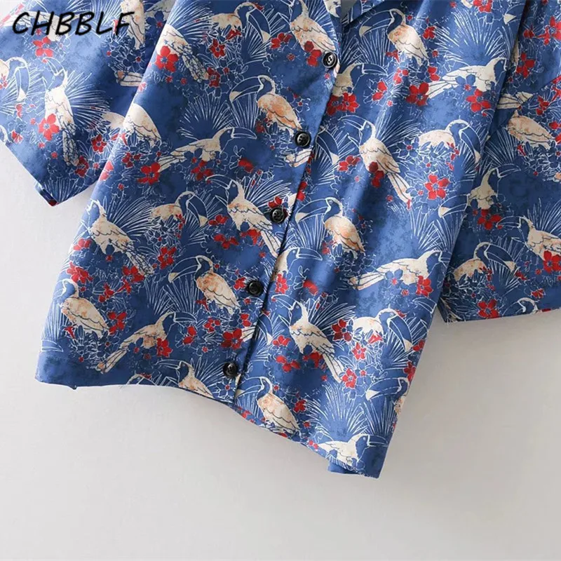 Женщины Птицы печати рубашки с коротким рукавом Зубчатый воротник блузка