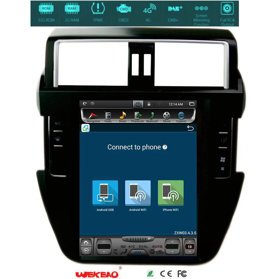 Wekeao 12 1 дюймов огромный Экран Тесла Стиль DVD мультимедиа плеер для Toyota Prado Радио 2014