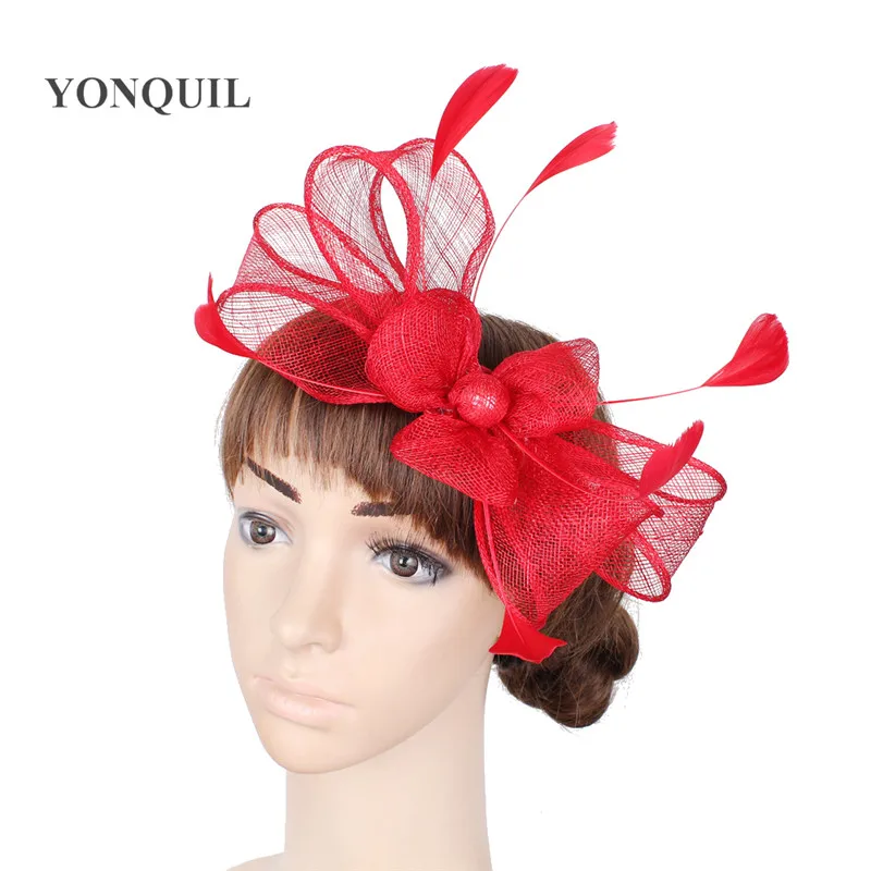 Vintage Sinamay Fascinator Headwear Colorful Mesh Feather Party Show Hair Accessories Millinery Linen Yellow Cocktail Hat MYQ093 |
