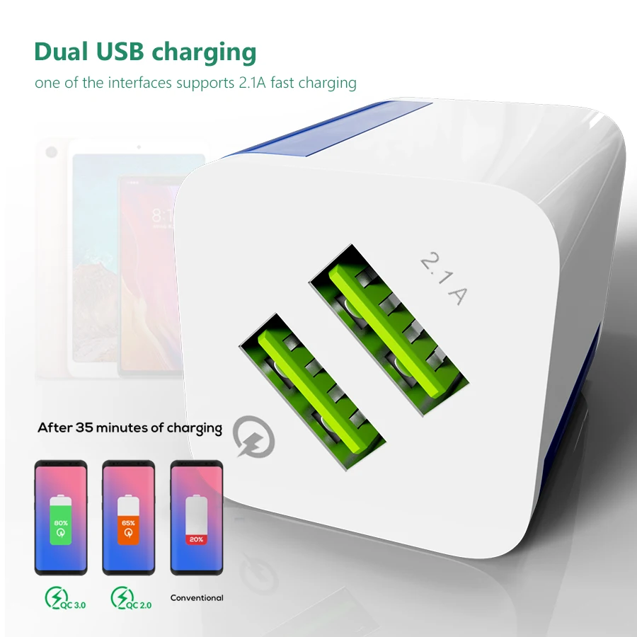 Двойной USB зарядное устройство для мобильного телефона настенное зарядное устройство светодиодный светящийся адаптер быстрой зарядки для iPhone Android планшет QC 3,0 ЕС адаптер питания