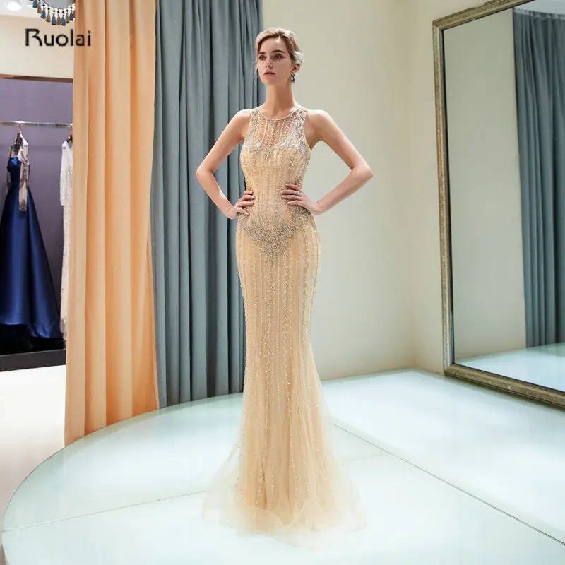 

Vestidos de fiesta, роскошное вечернее платье русалки золотистого цвета, длинное, 2018, с тяжелыми бусинами, без рукавов, в арабском стиле, вечерние пла...