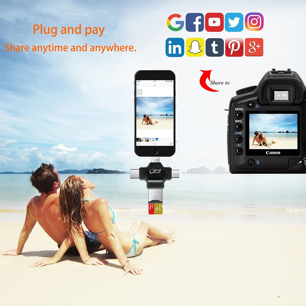 4 в 1 кардридер Type C Micro USB адаптер TF SD для Android ipad/iphone 7plus 6s5s MacBook