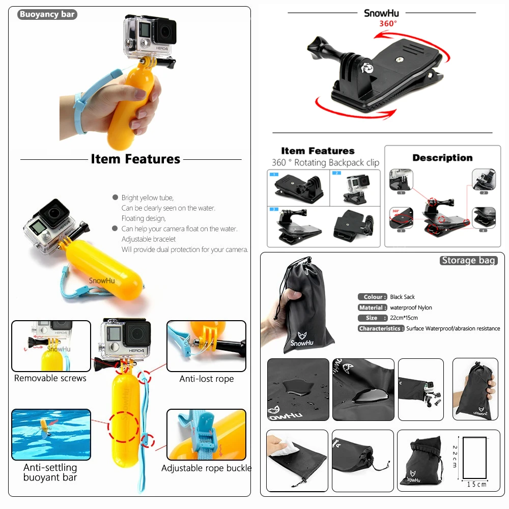 Аксессуары snowhu для GoPro Набор для go pro hero 8 7 6 5 4 3 комплект 3 способ селфи палка для Eken h8r/для xiaomi для yi 4K EVA GS02