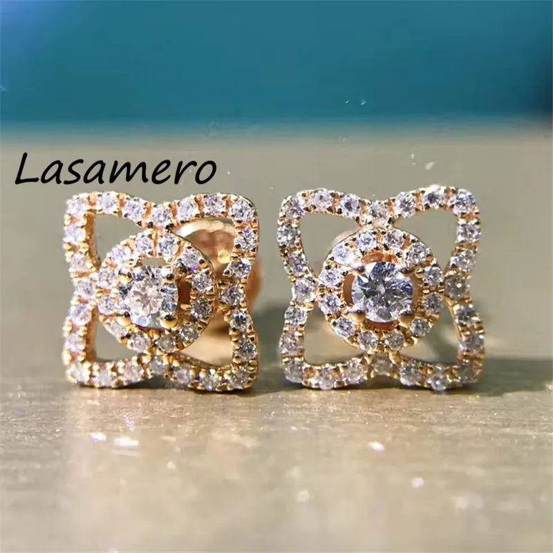 LASAMERO 0.3CTW Round Cut 18K Rose Gold Diamond Flower Pattern hollow Earrings Stud Fine Jewelry Earring Studs | Украшения и