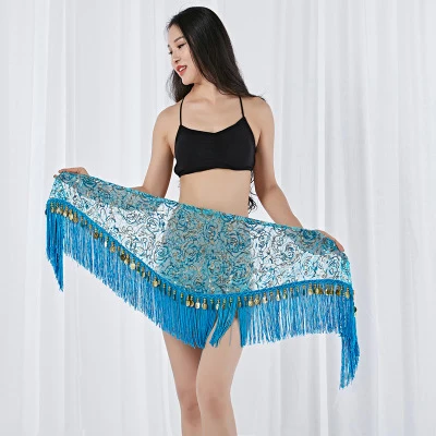 Sky Blue Gold Женский костюм для танца живота, хип-шарф, индийский танцевальный пояс, монета, юбка, 18 цветов - Color: Sky Blue Gold