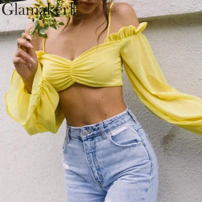 Glamaker Off shoulder ruffles tops Women flare sleeve shirt streetwear crop top Elegant yellow bodycon backless short shirts new