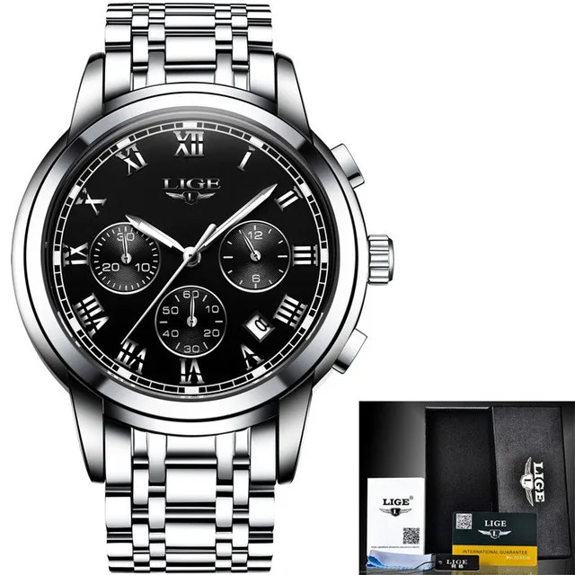 S-silver black Мужские часы LIGE, новые военные Роскошные брендовые часы, мужские кварцевые часы из нержавеющей стали, мужские модные часы с хронографом, Relogio Masculino - Цвет: S-silver black