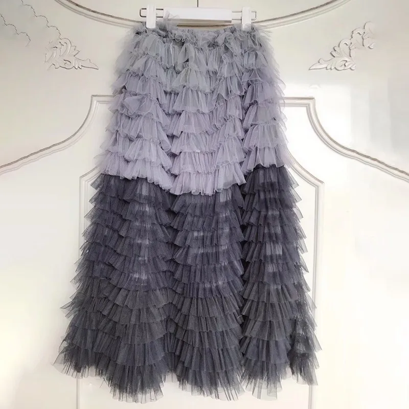 GALCAUR элегантный хит цвет юбка для женщин Высокая талия сетки лоскутное оборками миди юбки женская модная одежда лето - Цвет: blue