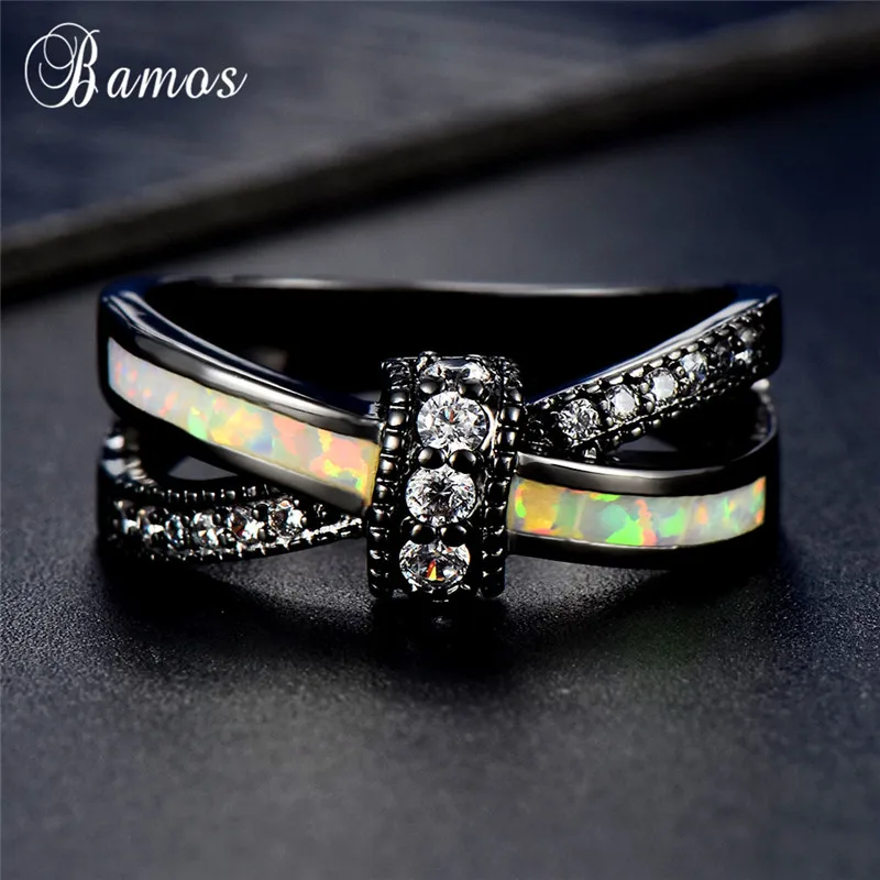 Bamos Blue/White Fire Opal Cross Ring Mutilcolor Knot For Women Men Punk Black Gold Filled Crystal Jewelry Couple Best Gift | Украшения и