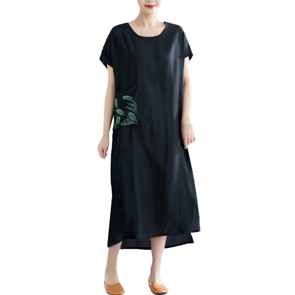 Женское хлопковое льняное платье с короткими рукавами и вышивкой накладным