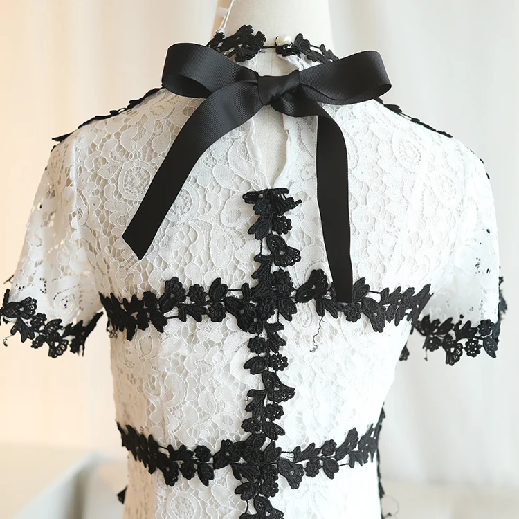 New Summer Fashion Hollow Out Crochet Lace Dress Women Short Sleeve Beading Back Lace-up Vintage Dress Party Vestidos