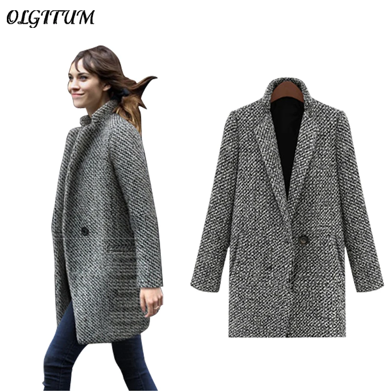 

Female single-breasted Woolen Coat spring/Autumn High Quality Woolen Jacket coat Thick Warm Windproof Long section Loose Overoat