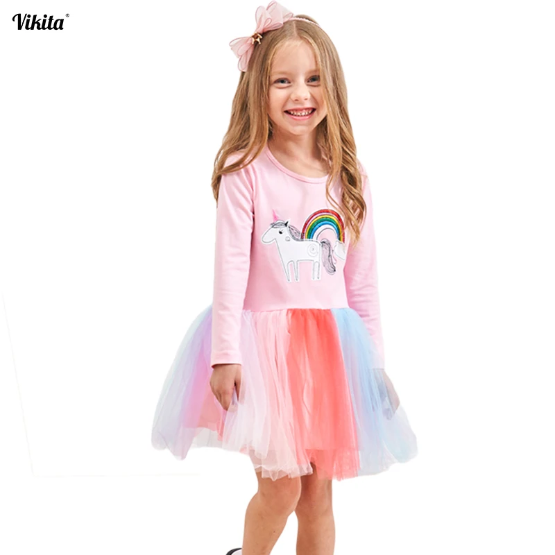 VIKITA Girls Dresses Unicorn Cartoon Dress Kids Party Tutu Casual Children Licorne Long Sleeve LH4576 | Детская одежда и обувь