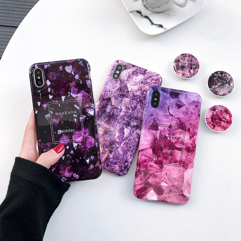 Fashion Simple Marble Purple Case For iPhone 7 Soft Back Cover XS MAX XR X 6 6S Plus 8 Airbag Bracket Phone Bag |