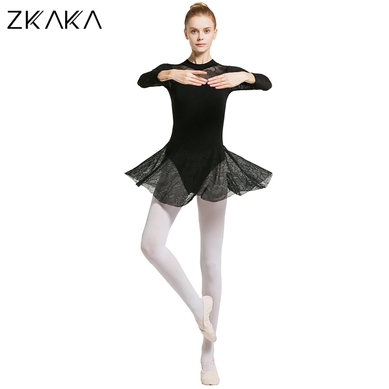 

ZKAKA Adult Lace Long Sleeve Skirted Leotard