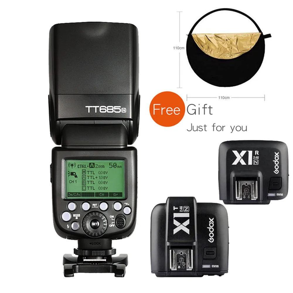 

Вспышка Godox TT685N 2,4G 1/8000s TTL + триггер X1N и приемник CD15