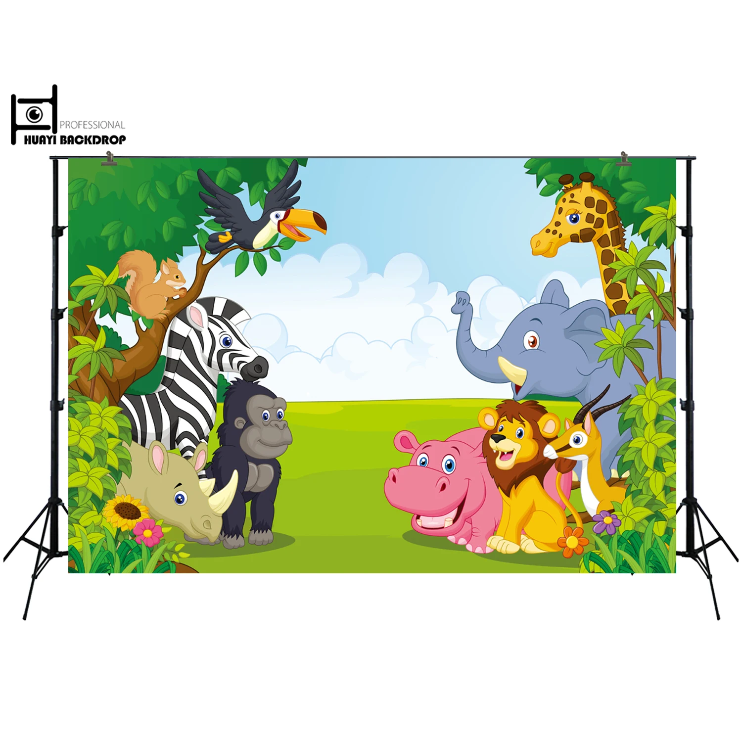 

HUAYI Fun Jungle Animals Photography Backdrops Photo Background Baby Birthday Banner Dessert Table Decoration Wall XT-6521