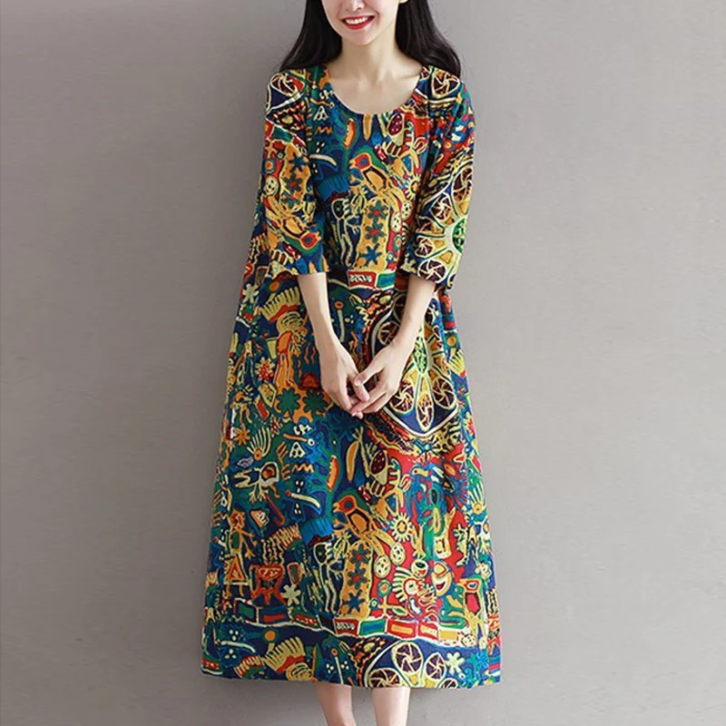 Летнее праздничное хлопковое платье свободного кроя с рукавом 3/4 и круглым