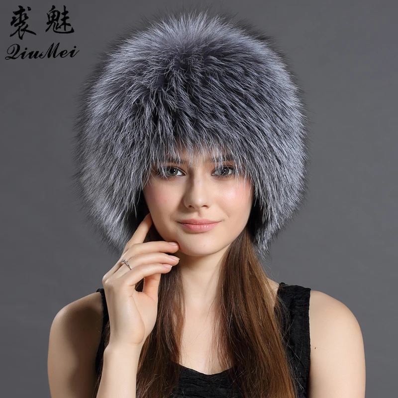 

QiuMei Women Real Fox Fur Hats Winter Elastic Luxury Fur Caps Knitted Lined Genuine Raccoon Fox Fur Beanies Russian Bomber Hats