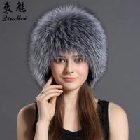 qiumei women real fox fur hats winter elastic luxury fur caps knitted lined genuine raccoon fox fur beanies russian bomber hats
