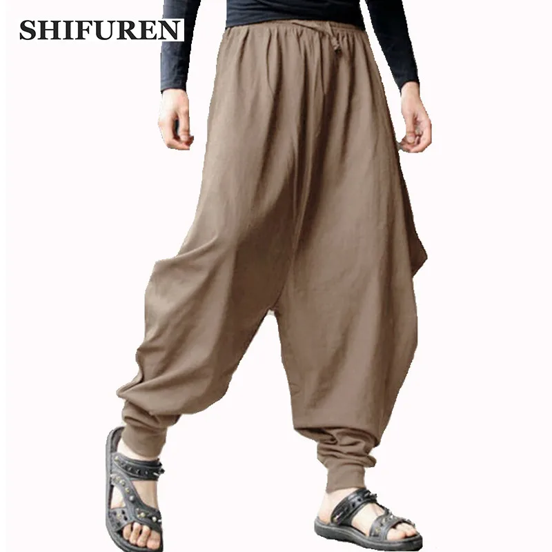 

SHIFUREN Causal Men Cotton Pants Loose Fit Elastic Waist Drawstring Male Joggers Sweatpants Trousers Full Length Plus Size S-5XL