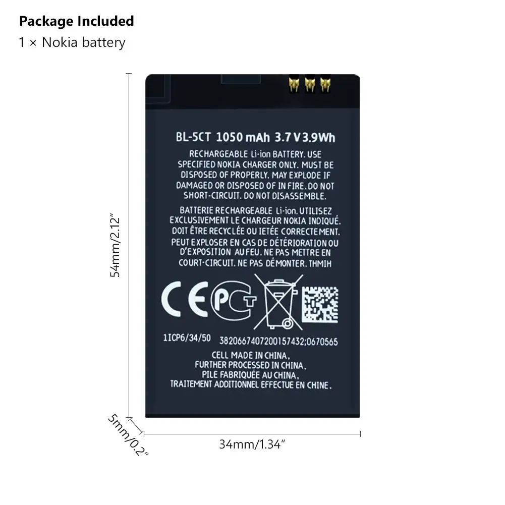 BL-5CT Батарея для Nokia 1050 мА/ч, 3720C 5220XM 6303C 6730C C5 C5-00 C6-01 6030C 6303i литий-полимерные батареи для мобильных телефонов