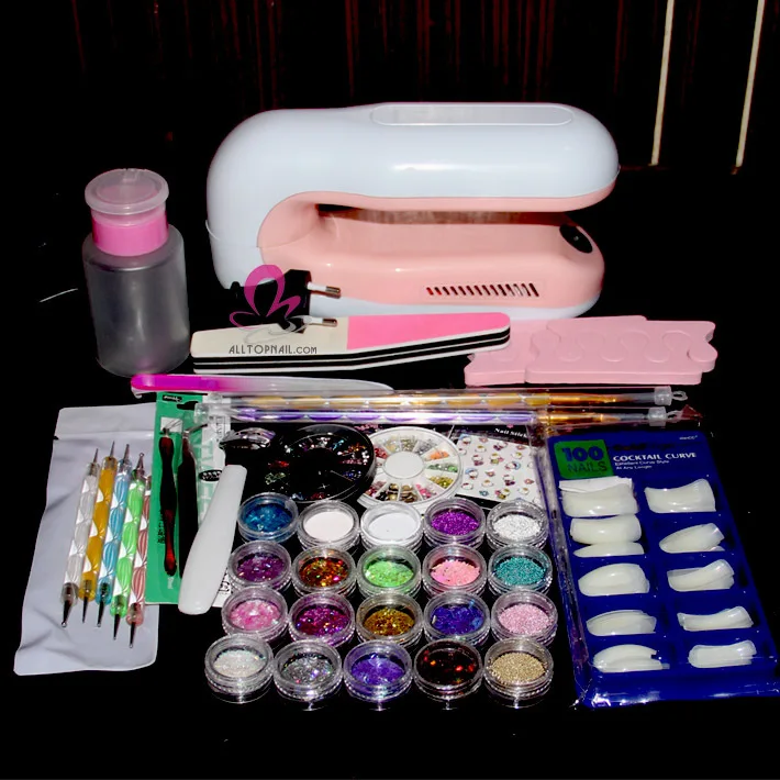 Комплект для ногтей акрил Косметическая пудра Кисточки 9 Вт УФ лампы Сушилка