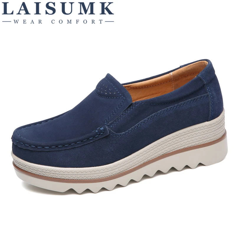 

LAISUMK 2020 Autumn Women Flats Shoes Thick Soled Platform Shoes Leather Suede Casual Shoes Slip On Flats Creepers Moccasins