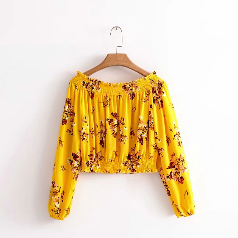 Женская блузка с цветочным принтом Za желтая длинным рукавом и вырезом лодочкой