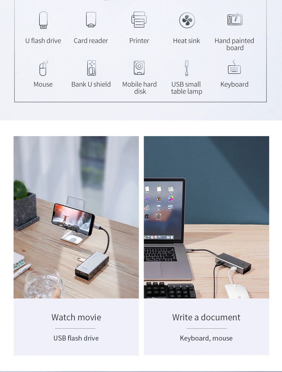 Baseus Мульти USB C концентратор для HDMI USB 3,0 SD TF кард-ридер VGA адаптер USB разветвитель для MacBook Pro Air type C зарядка USB C док-станция
