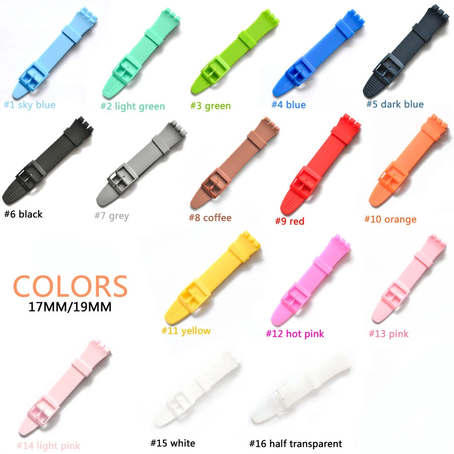 

High Quality Black Blue Green 12mm 17mm 19mm Silicone Rubber Watchband For Swatch Colorful Rubber Strap Stainless Steel Buckle