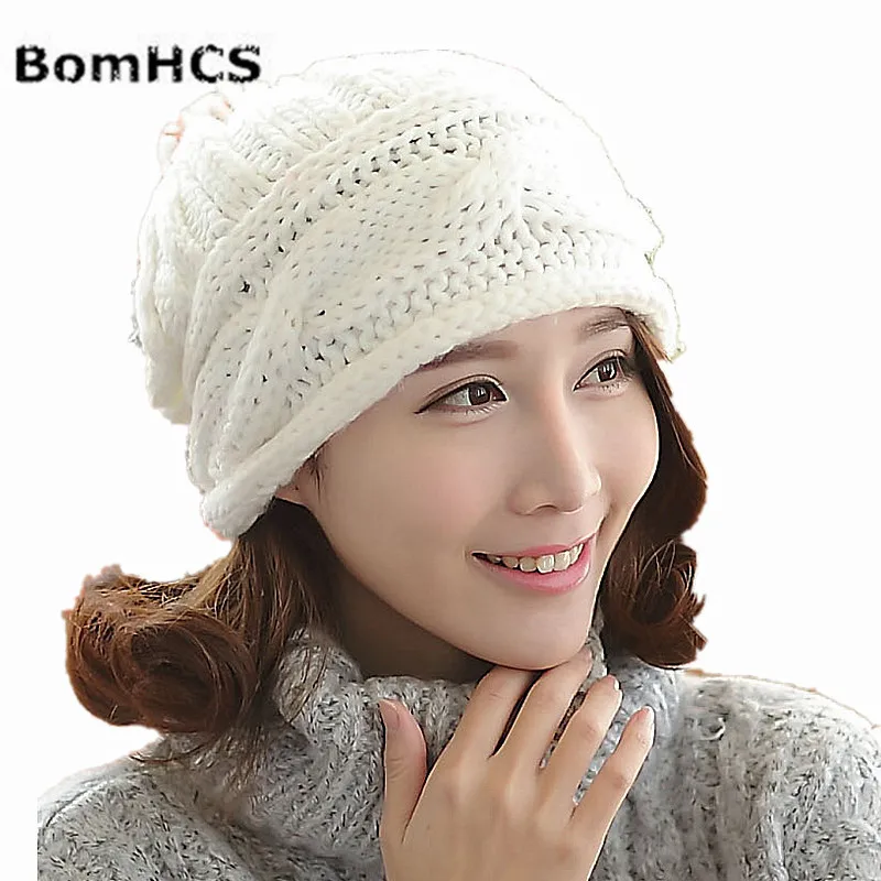 

BomHCS Solid Color Simple Women Winter Warm Flowers Handmade Crothet Knitted Beanie Hat Cap