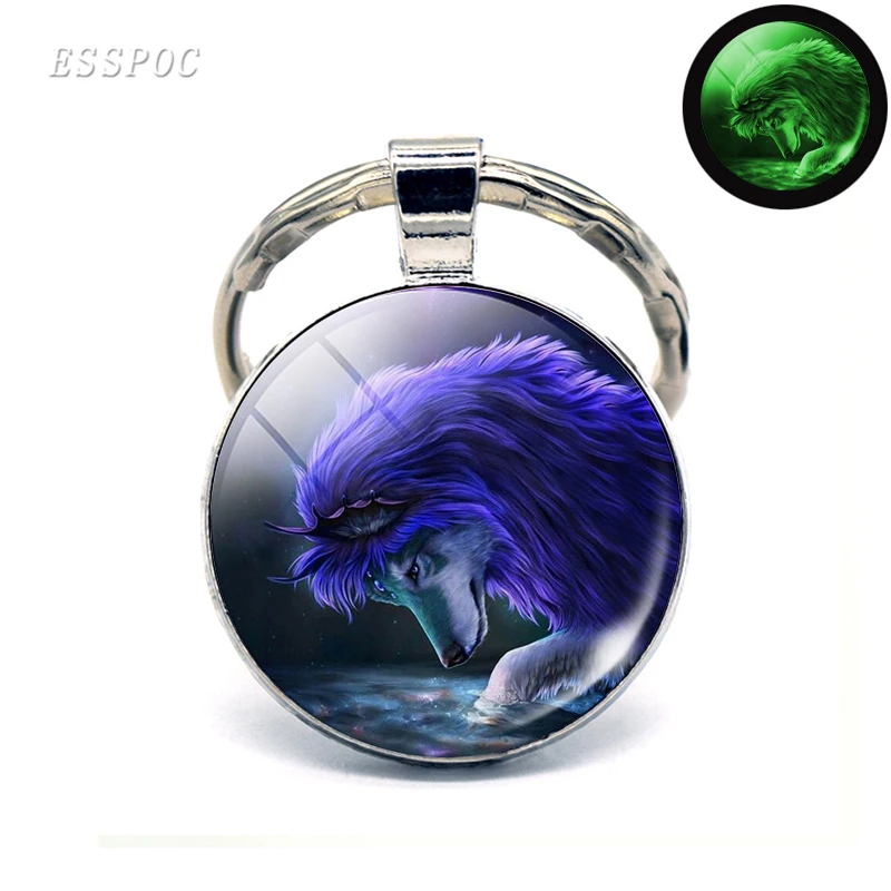 Светящийся в темноте брелок с головой волка мужской стеклянный кабошон для