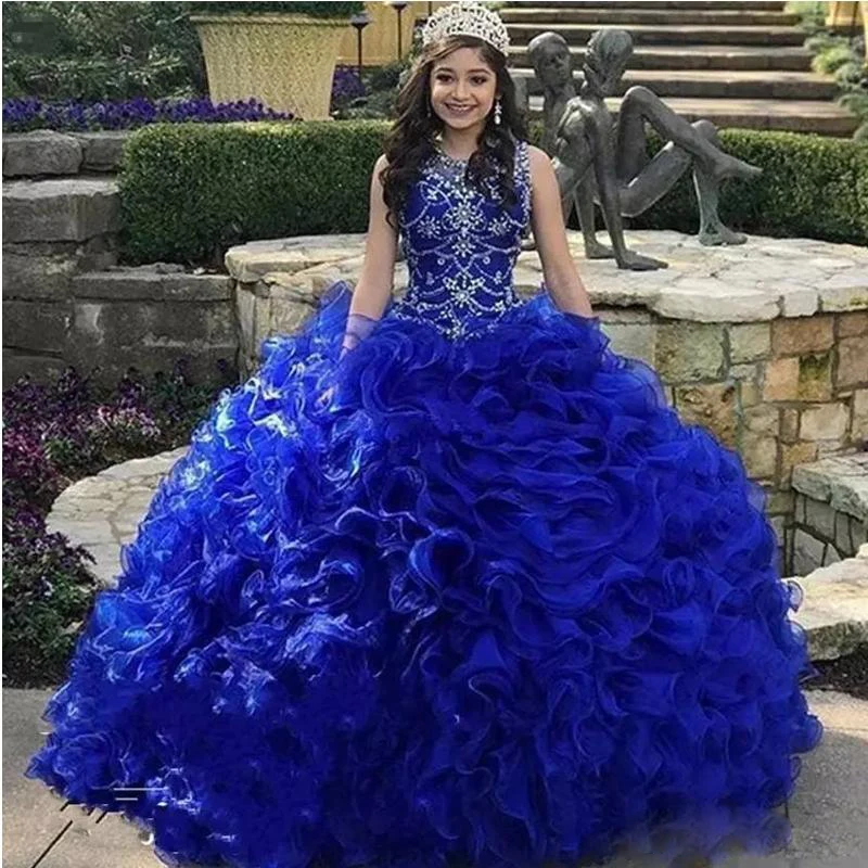 

Lovely Tiered Cascading Ruffles Royal Blue Quinceanera Dresses Scoop Neck Crystal Organza Sweet 16 Dress Crown Vestidos 15 anos