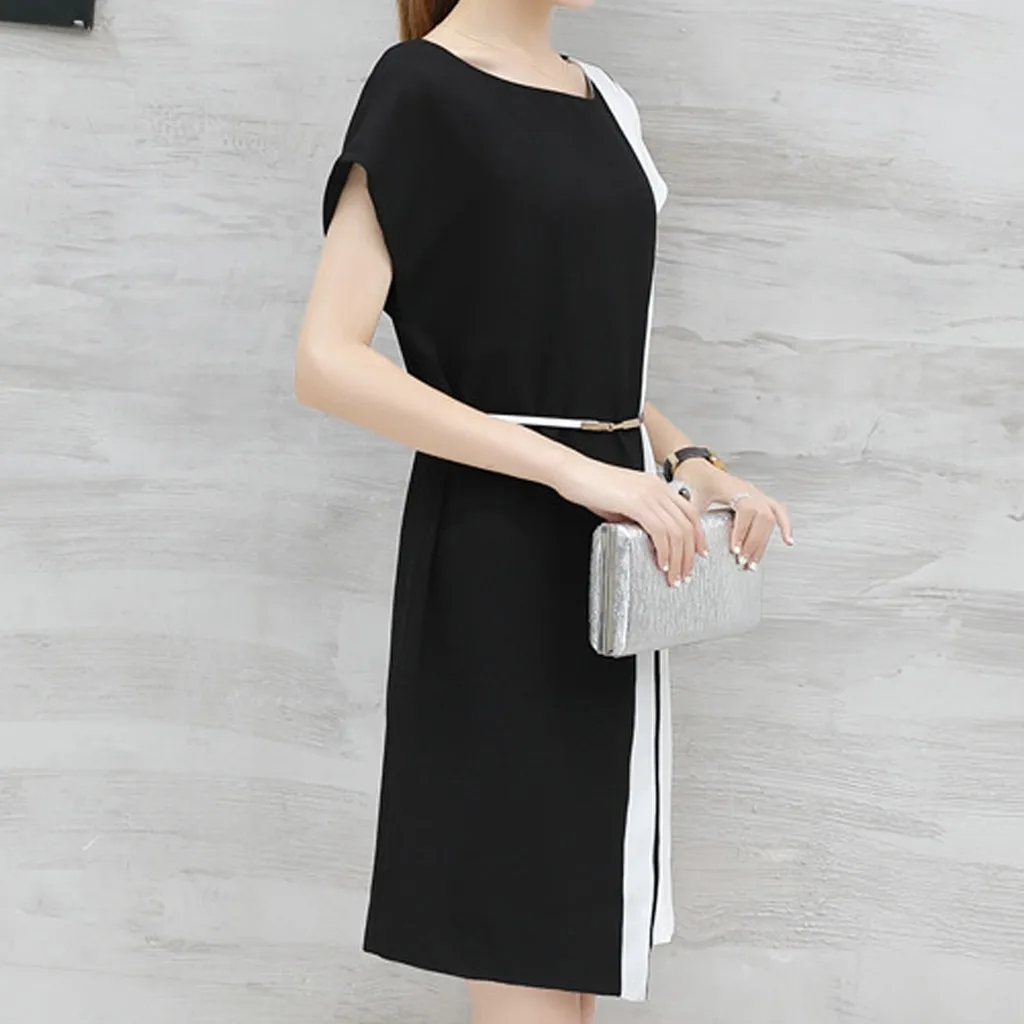 Женское Деловое платье с отстрочкой элегантное до колена о-вырезом и коротким
