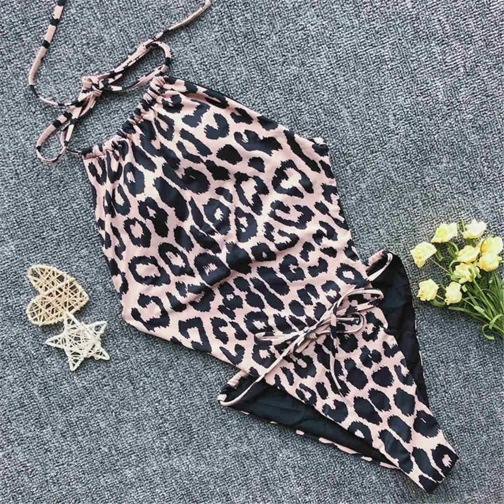 Leopard Новинка, женский купальный костюм с высокой горловиной, Цельный купальник, женский купальный костюм с открытой спиной, купальный костюм, монокини, V1415 - Цвет: Leopard