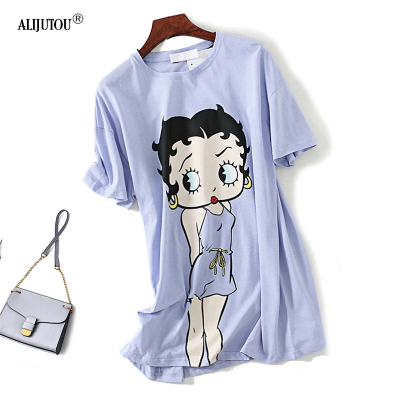 Betty Boop/Модная свободная фиолетовая футболка женская летняя с короткими рукавами