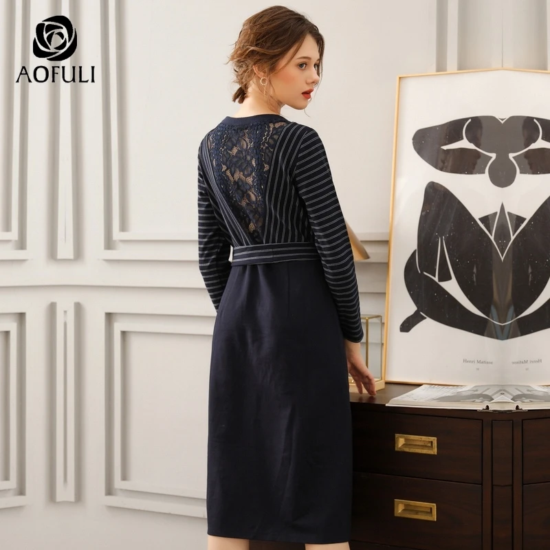 Размер M/L/XL Полосатое лоскутное зимнее платье с длинными рукавами длинное до
