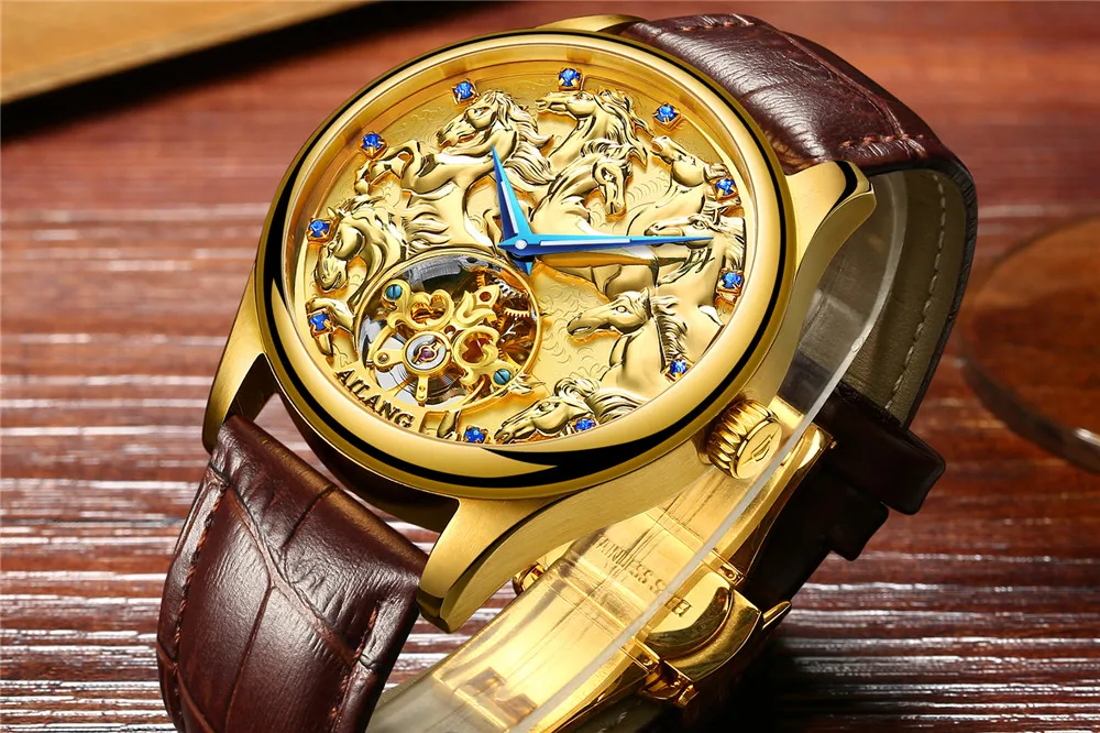 Лошадь узор tourbillon Классический для мужчин деловые часы деловые водонепроницаемые часы Элитный бренд пояса из натуральной кожи автоматические часы