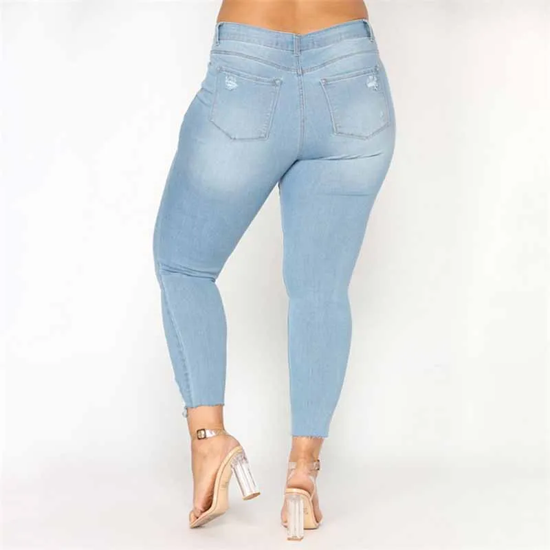 

2019 Plus size XXL-7XL denim pants women fashion hole washed jeans female high waist slim casual pencil pants trousers G395