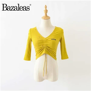 X4 yellow 165 Bazaleas уличная V шеи Для женщин футболка вышитые тонкий футболка harajuku Панк Растениеводство Топ Винтаж Ruched Tie Топы Повседневное рубашки - Цвет: X4 yellow 165