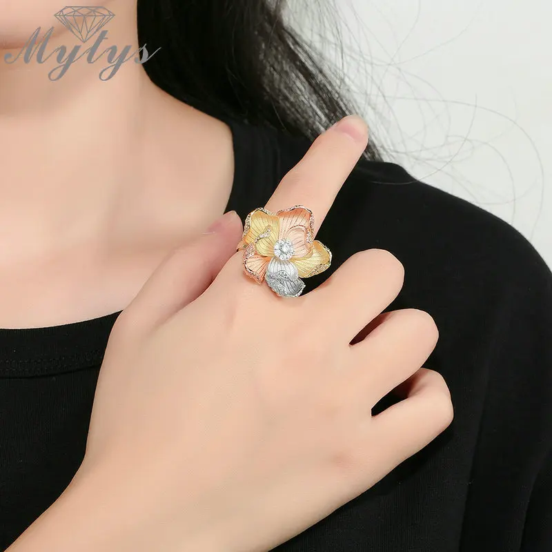 Mytys трехцветное Золотое кольцо с цветком массивное Ювелирное Украшение латунное
