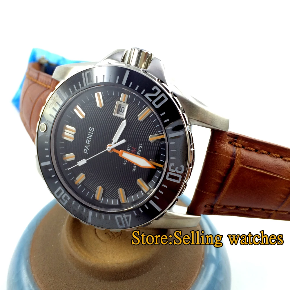 43 мм Мужские часы PARNIS погружные с черным циферблатом сапфировое стекло датой