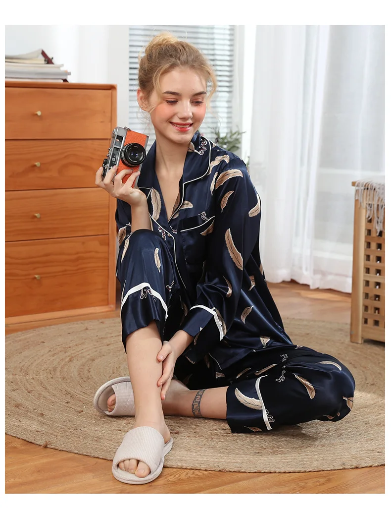 

Fdfklak Two piece sleepwear set spring summer pyjamas women silk satin nightwear pajamas vintage print ladies pijama suit