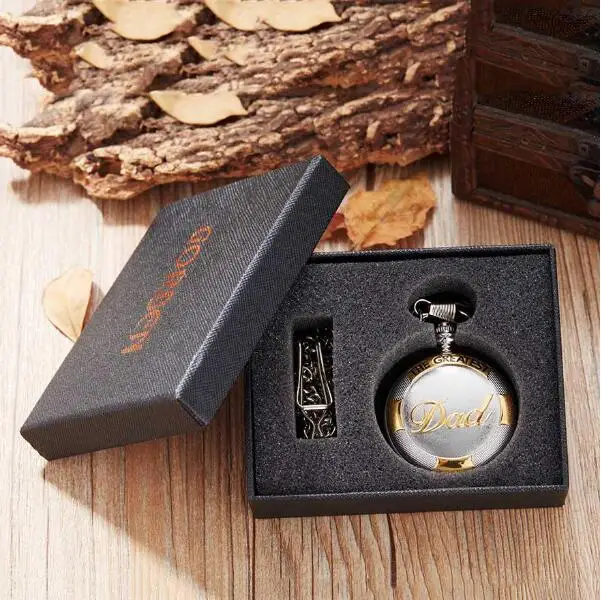 sliver gold with box День отцов бронзовые кварцевые карманные часы циферблат с римскими цифрами часы лучший папа ожерелье брелок цепочка для мужчин s с подарочной коробкой - Цвет: sliver gold with box