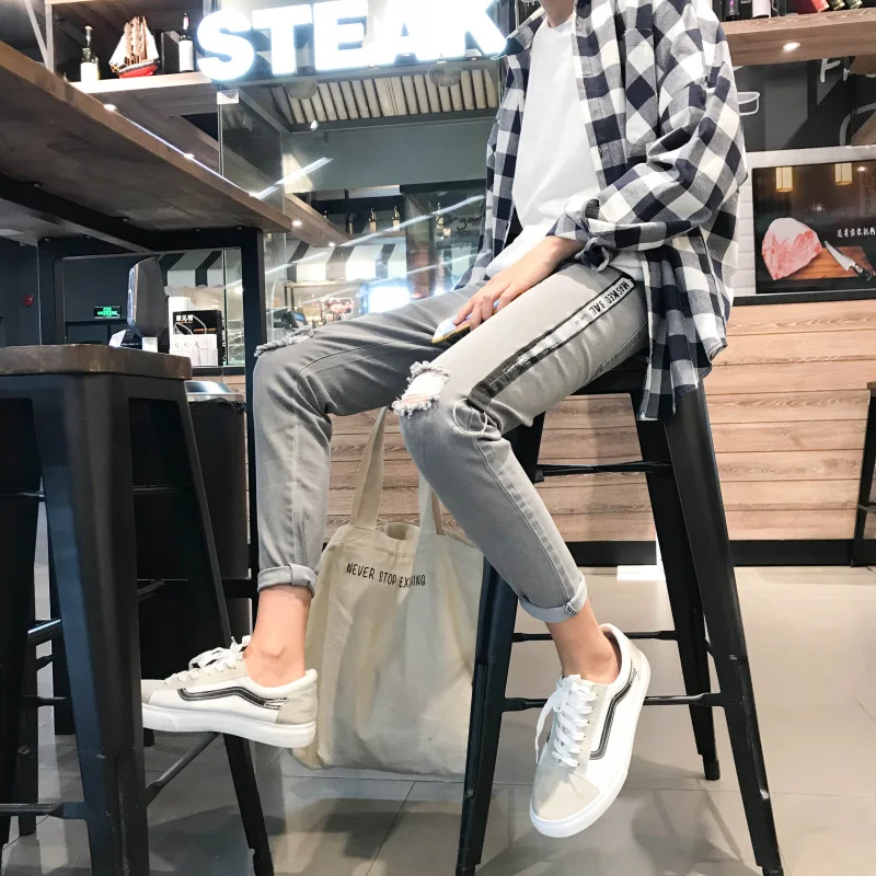 

Fashion hole jeans men's Demin Pants slim trousers zipper zipper decoration men's casual section summer classic