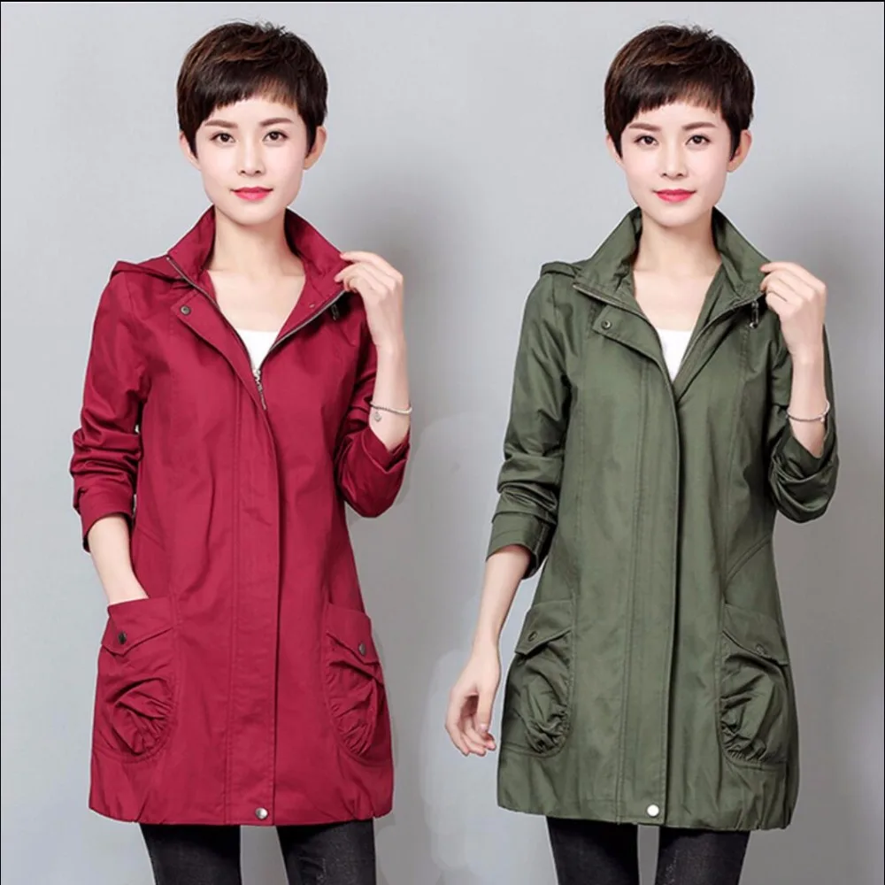 

M-5xl 2021 Spring And Autumn New Women Casual Hooded Long Coat Middle-aged Female Windbreaker Long Trench Coat Mother Overcoat