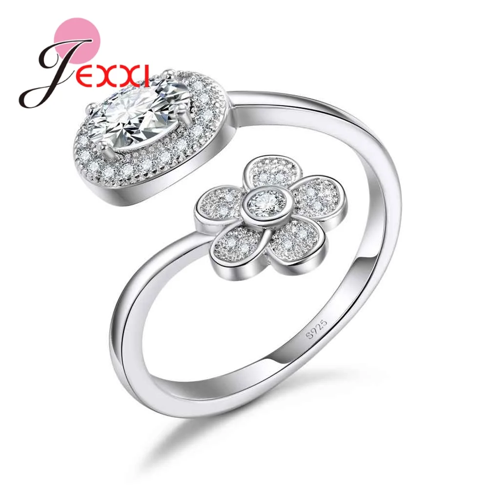 

New Fashion Women Girls Birthday Gift 925 Sterling Silver Opening Ring With Flower Shiny Cubic Zirconia Party Jewelry