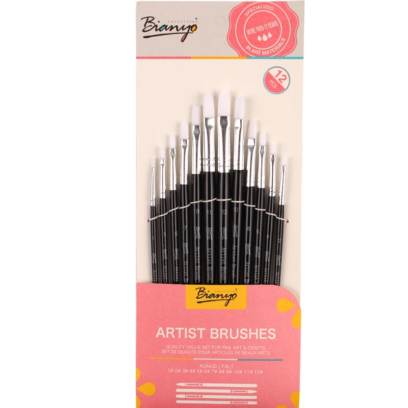 Бианьо 12 шт. черная деревянная ручка плоская головка набор акварельных кистей